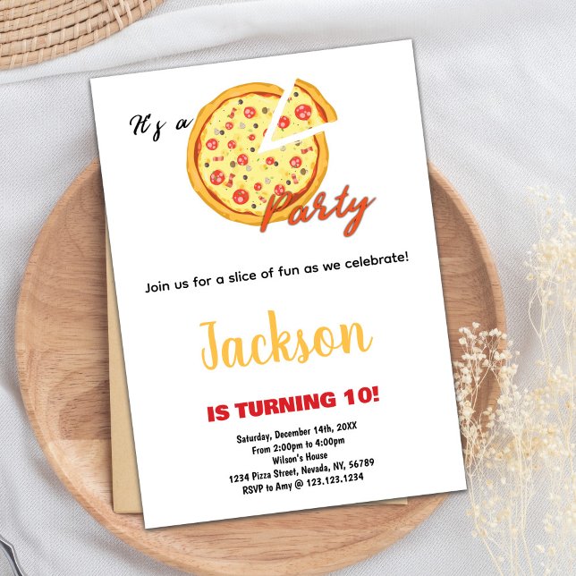 Yellow Orange White Red Pizza Birthday Invitations (Yellow Orange White Red Pizza Birthday Invitations)