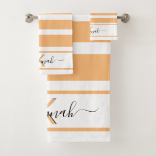Yellow orange white stripes monogram name bath towel set