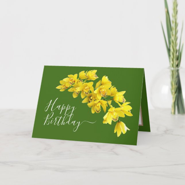 Yellow Orchid Flower Cluster Green Background Card (Front)