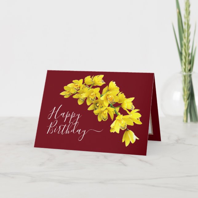Yellow Orchid Flower Cluster Red Background Card (Front)