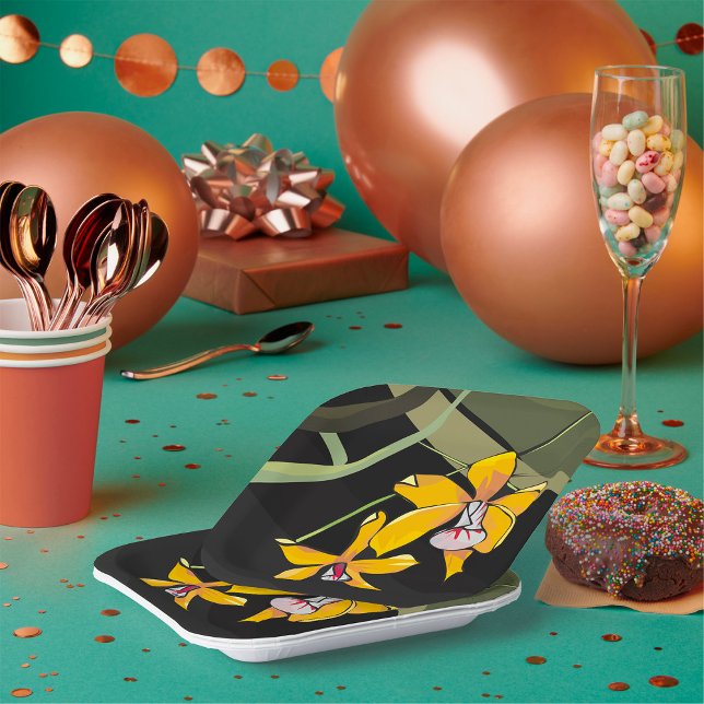 Yellow Orchid Flower Tropical Botanical Paper Plate (Creator Uploaded)