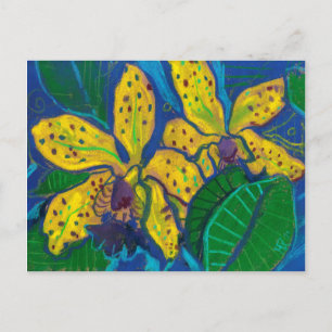 Yellow Orchid Flowers, Pastel Painting Floral Art Postcard