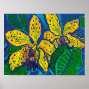 Yellow Orchid Flowers, Pastel Painting Floral Art Poster