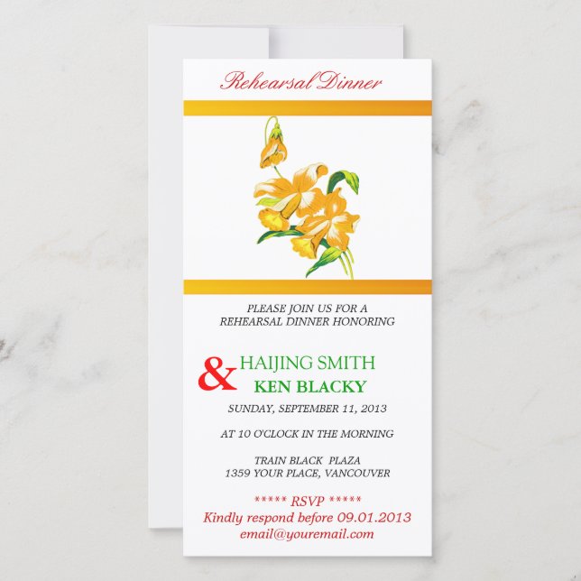 Yellow Orchid Rehearsal Dinner Invitation (Front)