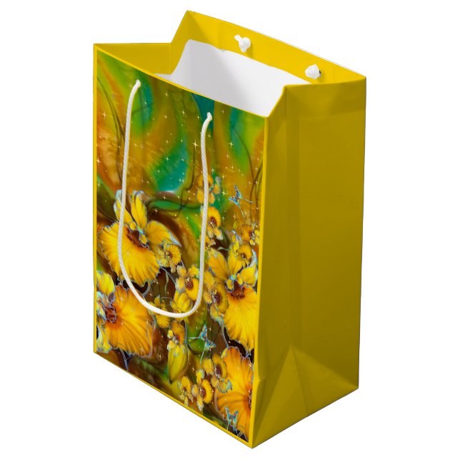 Yellow Orchids Magical Gold Sparkles Stars Green Medium Gift Bag (Front Angled)