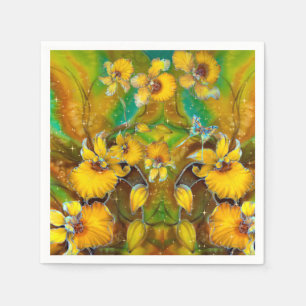 Yellow Orchids Magical Gold Sparkles Stars Green Napkin