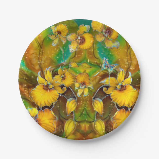 Yellow Orchids Magical Gold Sparkles Stars Green  Paper Plate (Front)