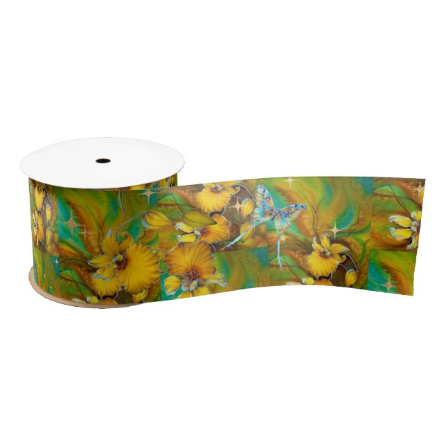 Yellow Orchids Magical Gold Sparkles Stars Green  Satin Ribbon (Spool)