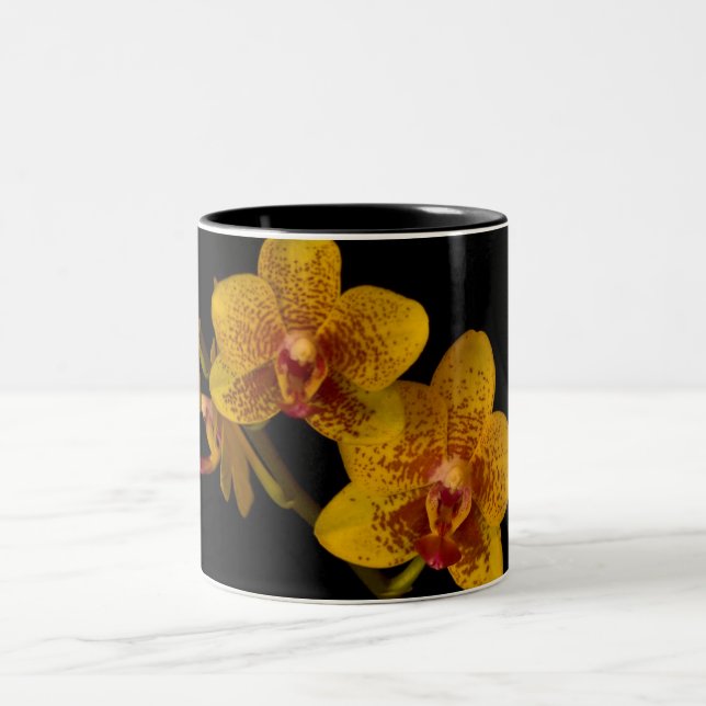 Yellow Orchids on Black Two-Tone Coffee Mug (Center)