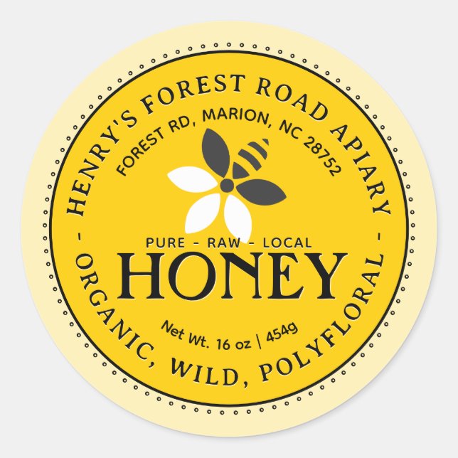 Yellow Organic Honey Label Bee and Flower Logo (Front)