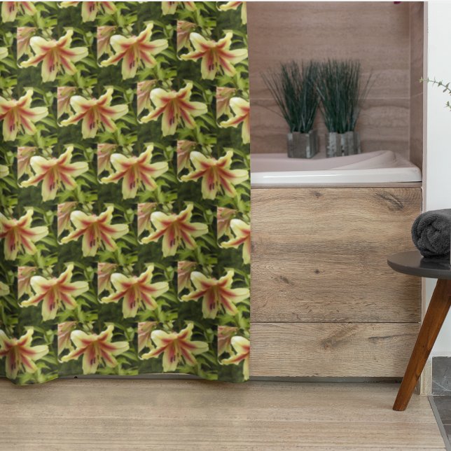 Yellow Orienpet Lily with Red Starburst Floral Shower Curtain (In Situ Bathroom)