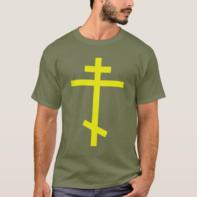 Yellow Orthodox Cross. Olive Drab T-Shirt (Front)