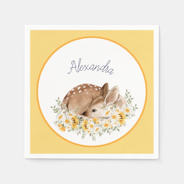 Yellow Our Little Dear Deer, Sunflowers Daisies  Napkin (Front)