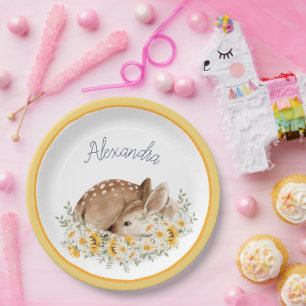 Yellow Our Little Dear Deer, Sunflowers Daisies Paper Plate