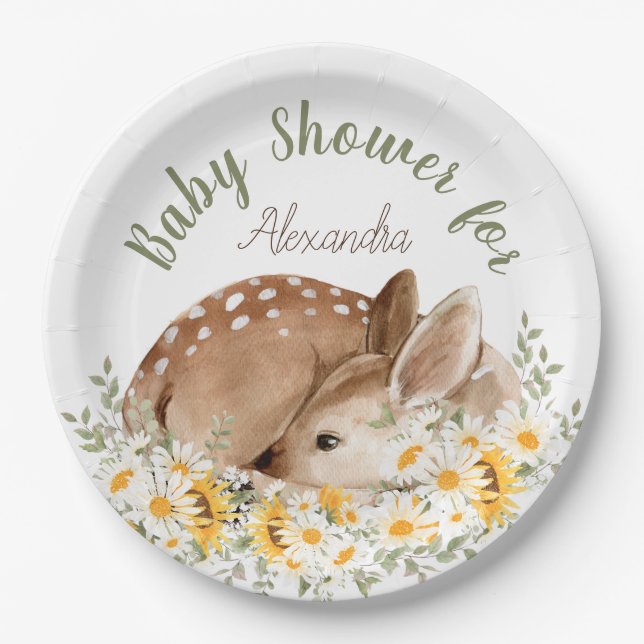 Yellow Our Little Dear Deer, Sunflowers Daisies  Paper Plate (Front)