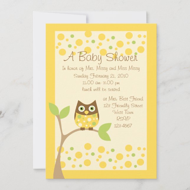 Yellow Owl Baby Shower Invitation (Front)