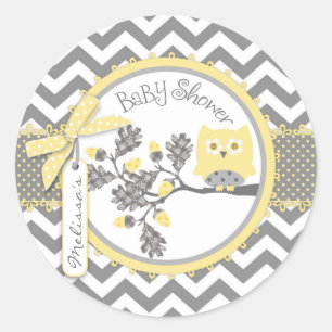 Yellow Owl Chevron Print Baby Shower Classic Round Sticker