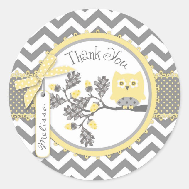 Yellow Owl Chevron Print Thank You Label (Front)