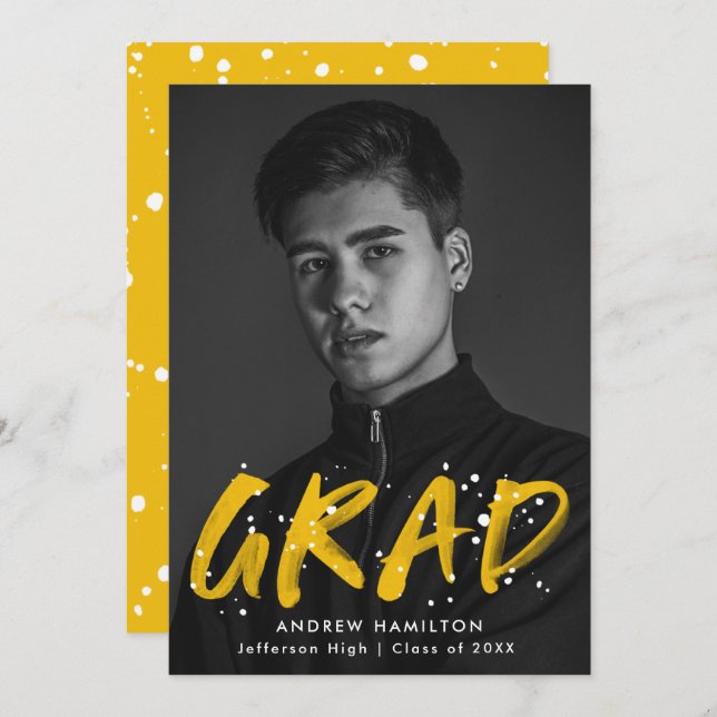 Yellow Paint Splatter Photo Graduation Party Invitation (Front/Back)