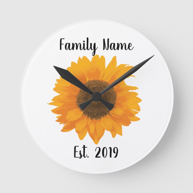 Yellow Painted Sunflower with Family Name Round Clock (Front)