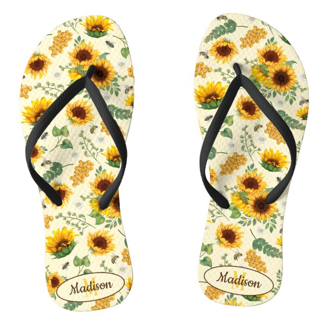Yellow Painted Sunflowers Bees Pattern Monogram Thongs (Footbed)