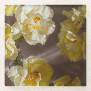 Yellow painterly tulip photo glass coaster