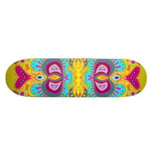 Yellow Paisley Pink Heart Kaleidoscope Skateboard