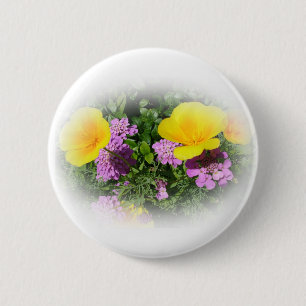 yellow pansies and purple garden flowers 6 cm round badge
