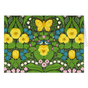 Yellow pansies, birds and butterflies