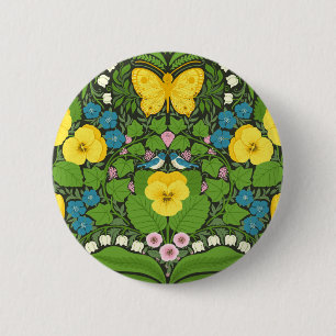 Yellow pansies, birds and butterflies 6 cm round badge