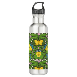 Yellow pansies, birds and butterflies 710 ml water bottle