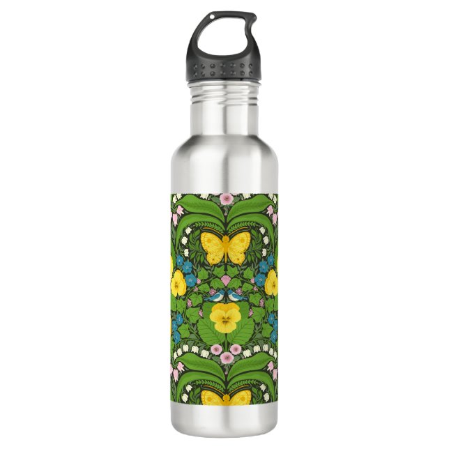 Yellow pansies, birds and butterflies 710 ml water bottle (Front)