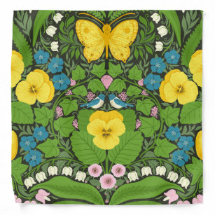 Yellow pansies, birds and butterflies bandana