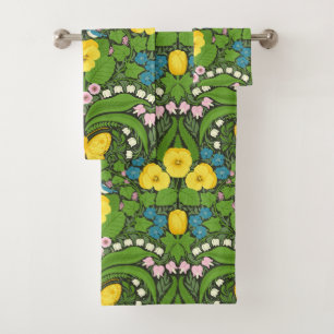 Yellow pansies, birds and butterflies bath towel set
