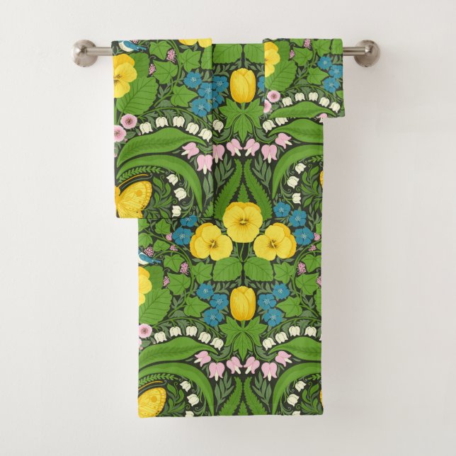 Yellow pansies, birds and butterflies bath towel set (Insitu)