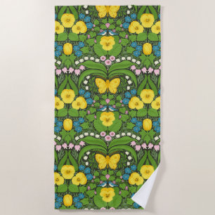 Yellow pansies, birds and butterflies beach towel