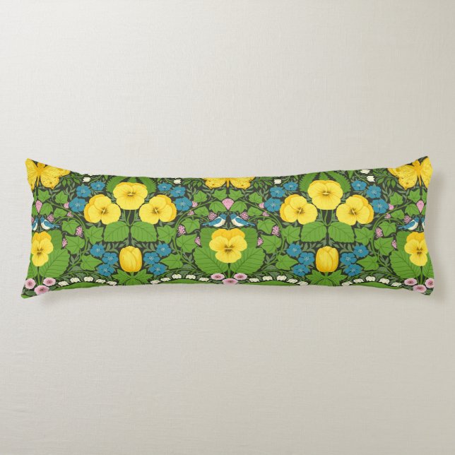 Yellow pansies, birds and butterflies body cushion (Front)