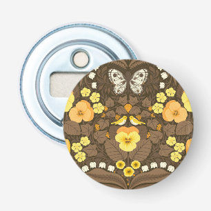 Yellow pansies, birds and butterflies bottle opener