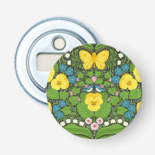 Yellow pansies, birds and butterflies bottle opener
