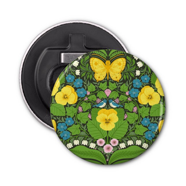 Yellow pansies, birds and butterflies bottle opener (Front)