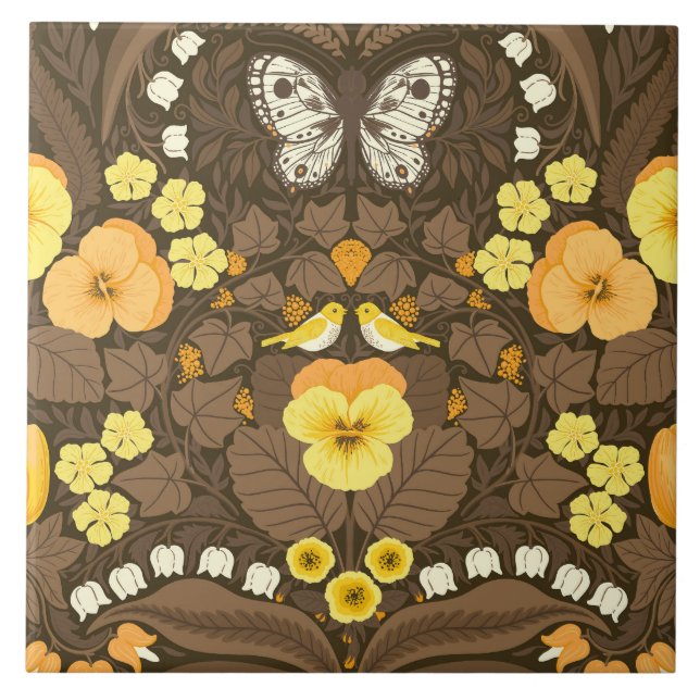 Yellow pansies, birds and butterflies ceramic tile (Front)