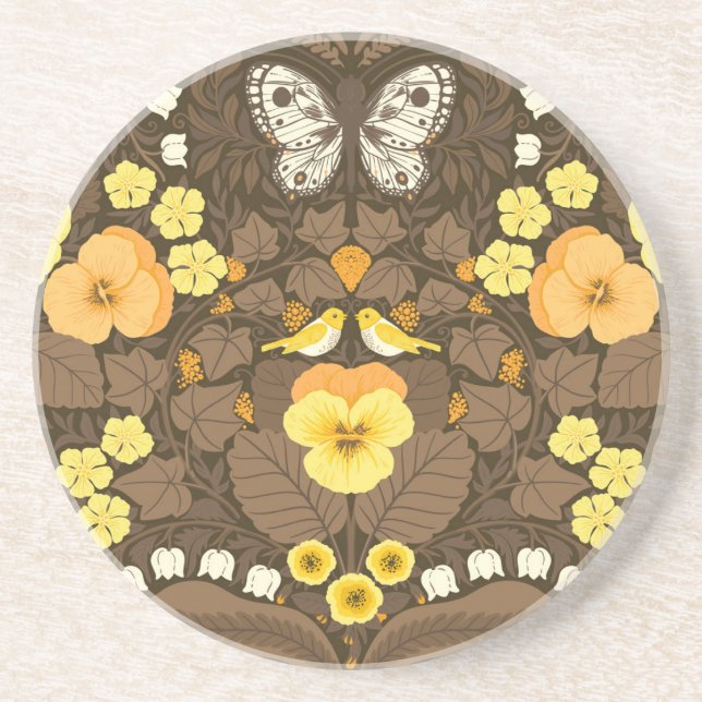 Yellow pansies, birds and butterflies coaster (Front)
