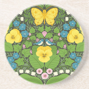 Yellow pansies, birds and butterflies coaster