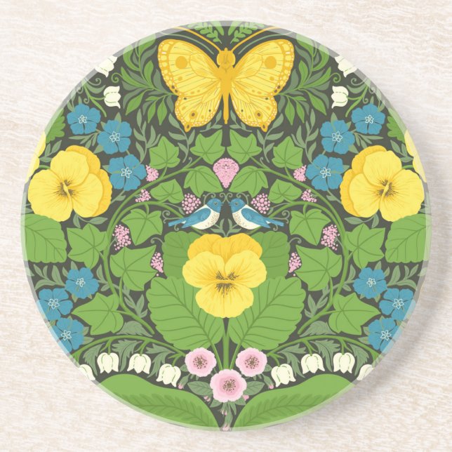 Yellow pansies, birds and butterflies coaster (Front)