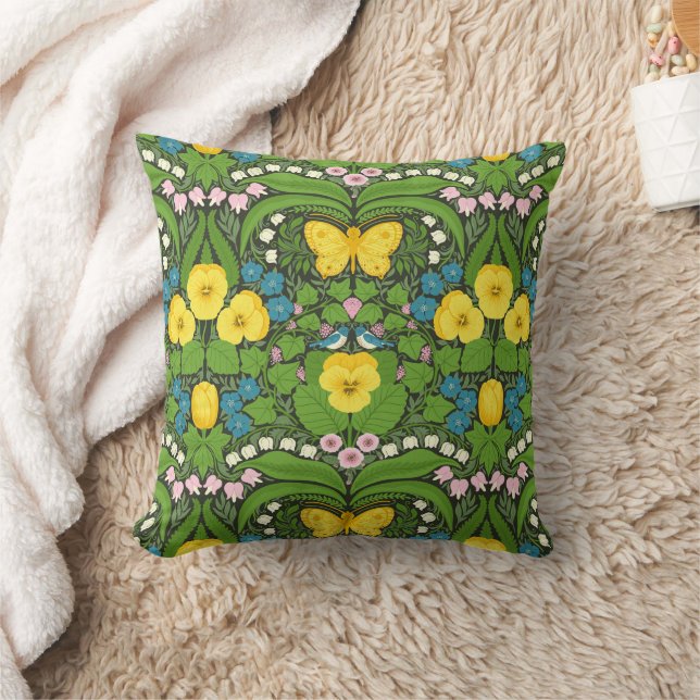 Yellow pansies, birds and butterflies cushion (Blanket)