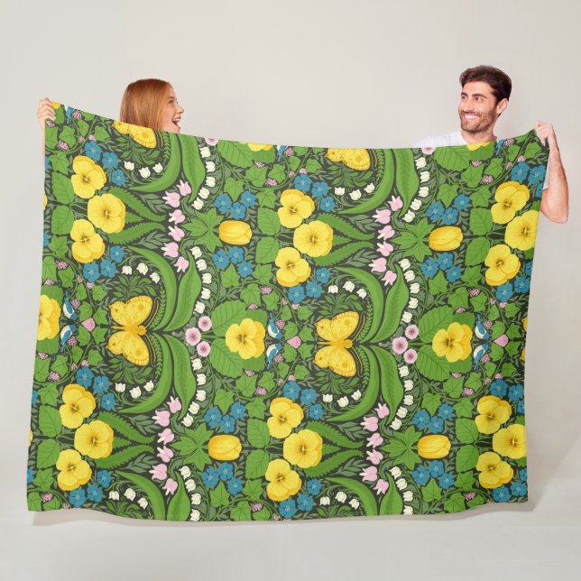 Yellow pansies, birds and butterflies fleece blanket (In Situ)