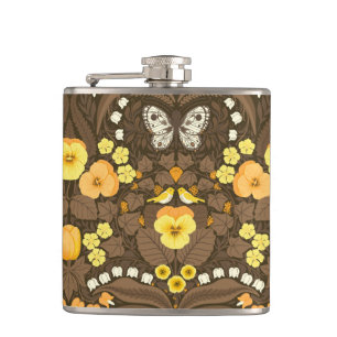 Yellow pansies, birds and butterflies hip flask