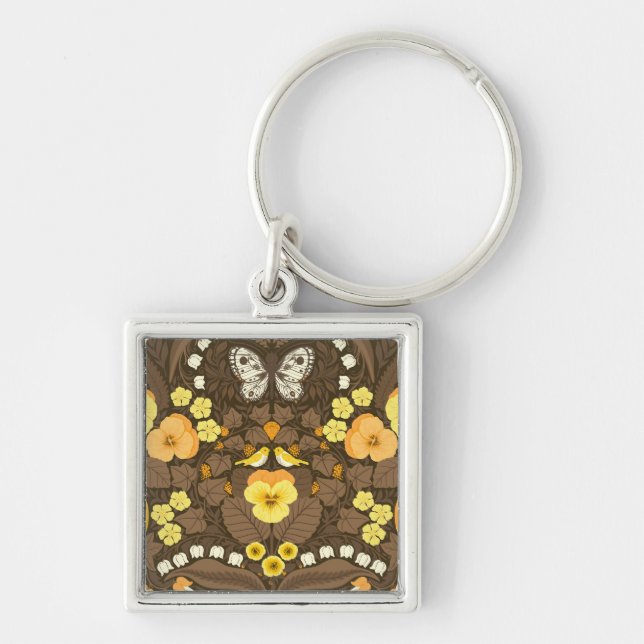 Yellow pansies, birds and butterflies key ring (Front)
