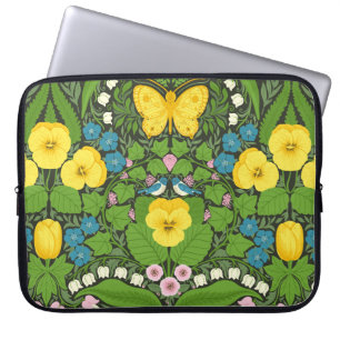 Yellow pansies, birds and butterflies laptop sleeve