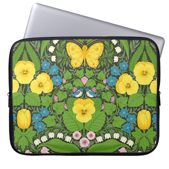 Yellow pansies, birds and butterflies laptop sleeve (Front)